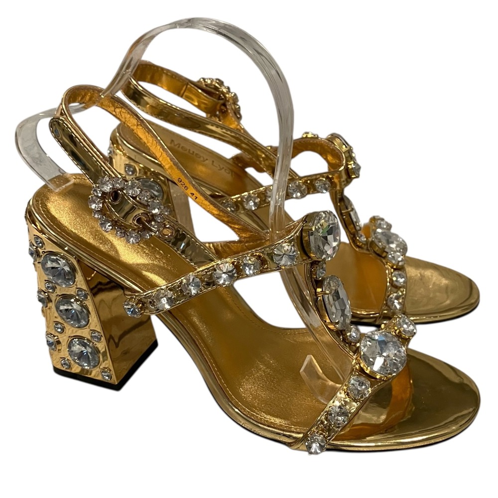 Meucy Lyot Gold Crystal Embellished Block‎ Heel Sandals Women's Size 41